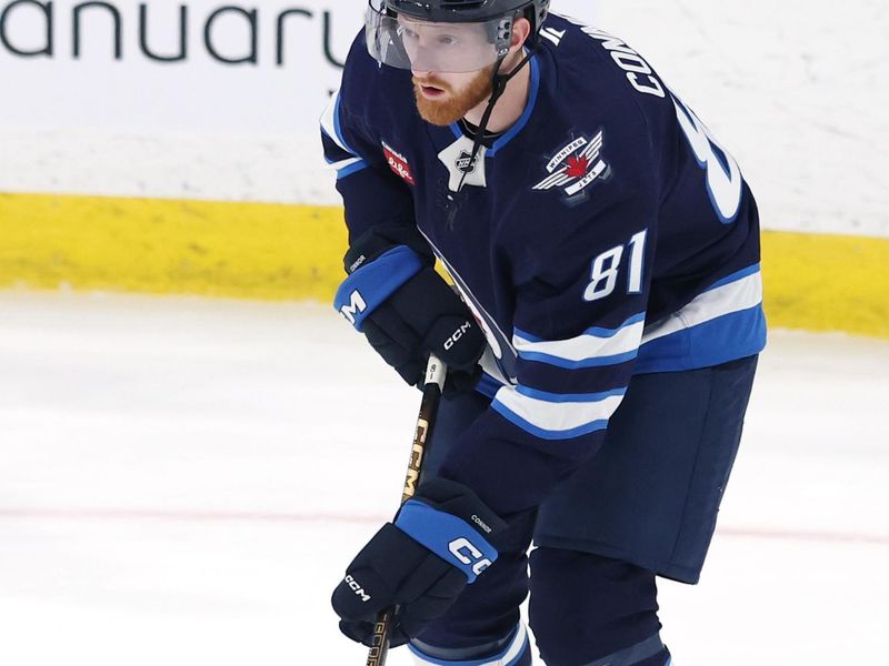 Jan 7, 2025; Winnipeg, Manitoba, CAN; Winnipeg Jets left wing Kyle Connor (81) warms up before a game against the Nashville Predators at Canada Life Centre. Mandatory Credit: James Carey Lauder-Imagn Images