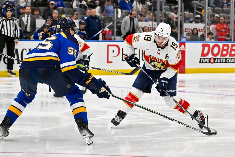 Jan 9, 2024; St. Louis, Missouri, USA;  Florida Panthers left wing Matthew Tkachuk (19) controls the puck as St. Louis Blues defenseman Colton Parayko (55) defends during the third period at Enterprise Center. Mandatory Credit: Jeff Curry-USA TODAY Sports