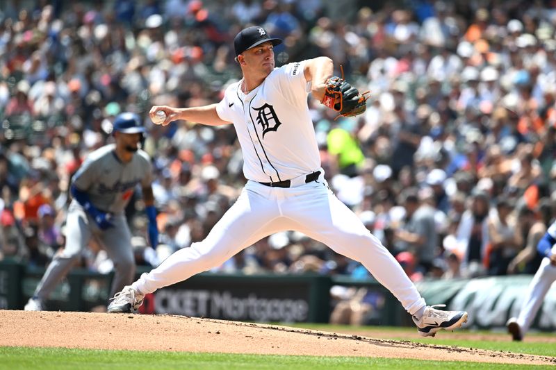 Jul 14, 2024; Detroit, Michigan, USA;  Detroit Tigers starting pitcher Beau Brieske (4) throws a pitch against the Los Angeles Dodgers in the first inning at Comerica Park. Mandatory Credit: Lon Horwedel-USA TODAY Sports