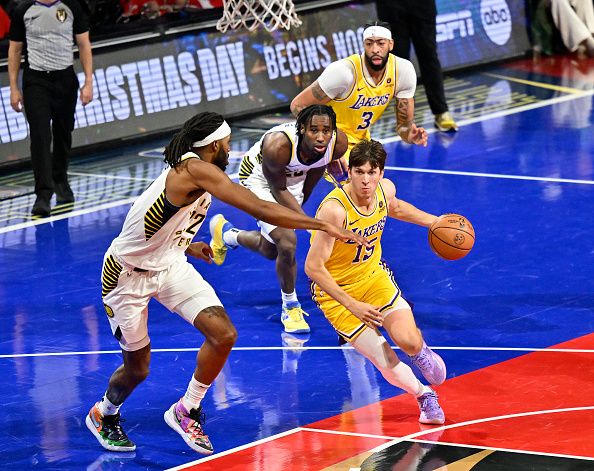 LAS VEGAS, NV - DECEMBER 9:  Austin Reaves #15 of the Los Angeles Lakers drives to the basket during the In-Season Tournament Championship game against the Indiana Pacers on December 9, 2023 at T-Mobile Arena in Las Vegas, Nevada. NOTE TO USER: User expressly acknowledges and agrees that, by downloading and or using this photograph, User is consenting to the terms and conditions of the Getty Images License Agreement. Mandatory Copyright Notice: Copyright 2023 NBAE (Photo by David Becker/NBAE via Getty Images)