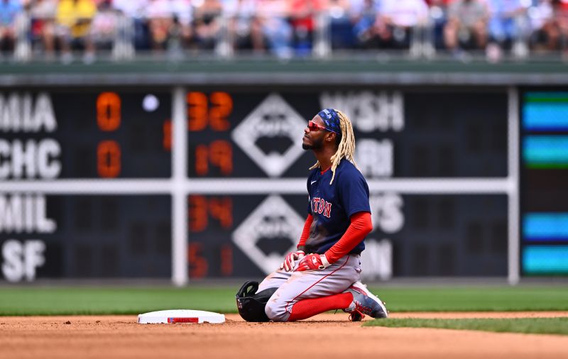 May 7, 2023; Philadelphia, Pennsylvania, USA; Boston Red Sox outfielder Raimel Tapia (17) reacts after getting caught stealing against the Philadelphia Phillies in the fourth inning at Citizens Bank Park. Mandatory Credit: Kyle Ross-USA TODAY Sports