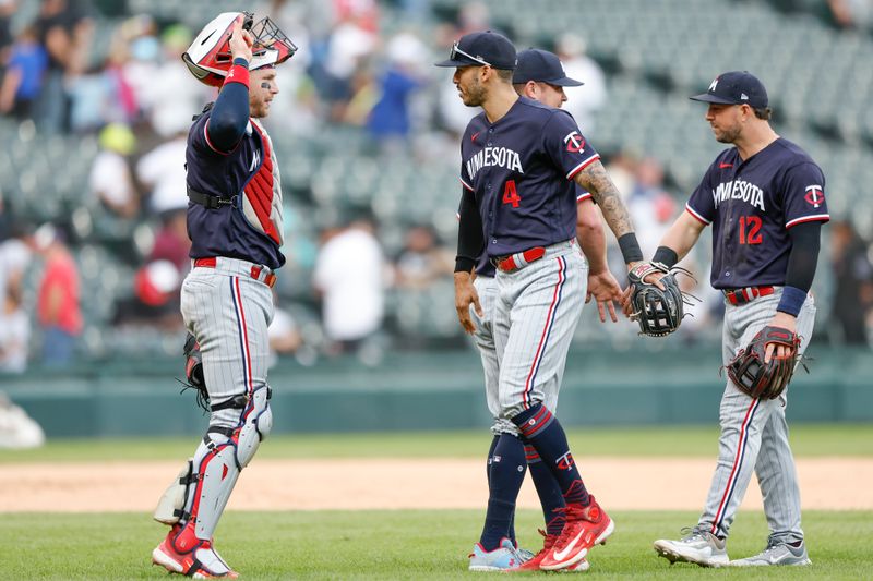 Sep 17, 2023; Chicago, Illinois, USA; Minnesota Twins players celebrate teams win against the Chicago White Sox at Guaranteed Rate Field. Mandatory Credit: Kamil Krzaczynski-USA TODAY Sports