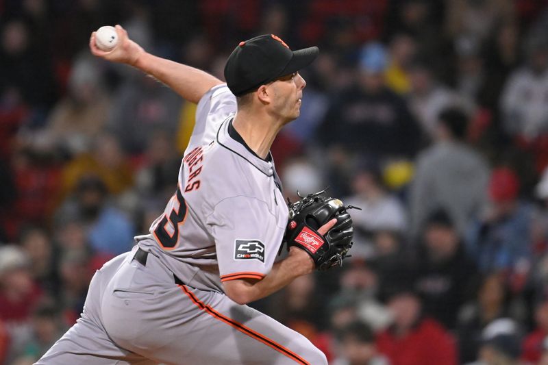 May 1, 2024; Boston, Massachusetts, USA; San Francisco Giants pitcher Taylor Rogers (33) pitches against the Boston Red Sox during the fifth inning at Fenway Park. Mandatory Credit: Eric Canha-USA TODAY Sports