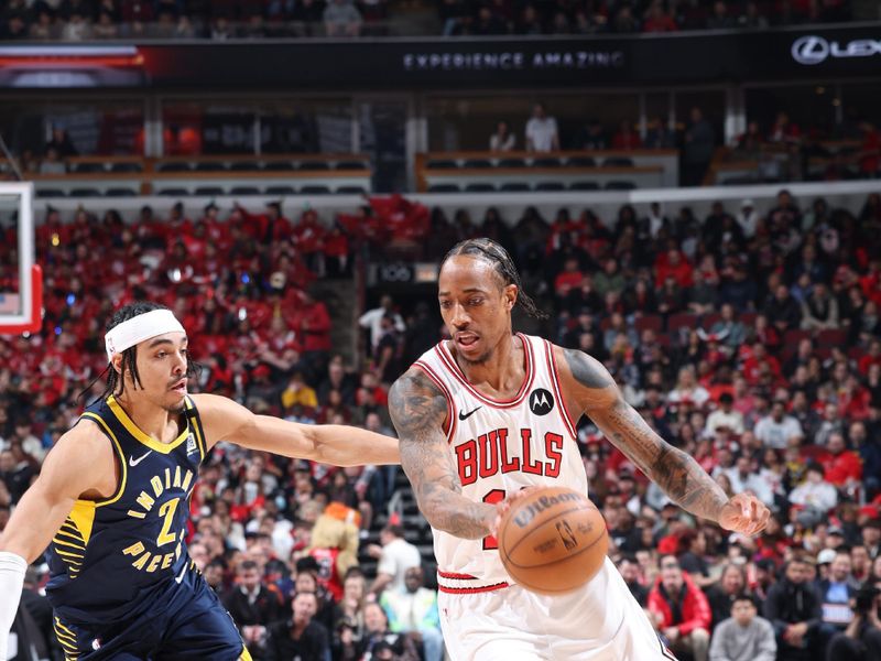 CHICAGO, IL - MARCH 27: DeMar DeRozan #11 of the Chicago Bulls drives to the basket during the game against the Indiana Pacers on March 27, 2024 at United Center in Chicago, Illinois. NOTE TO USER: User expressly acknowledges and agrees that, by downloading and or using this photograph, User is consenting to the terms and conditions of the Getty Images License Agreement. Mandatory Copyright Notice: Copyright 2024 NBAE (Photo by Jeff Haynes/NBAE via Getty Images)