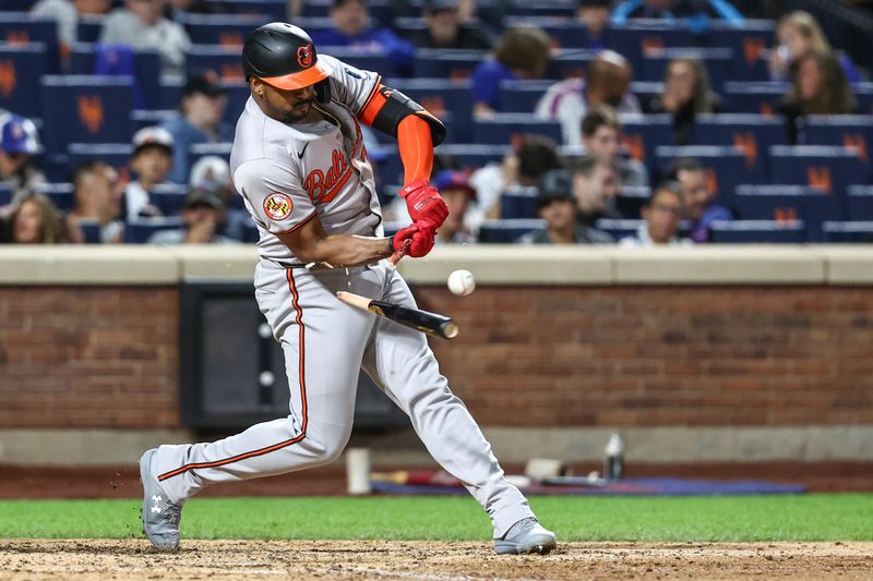Aug 20, 2024; New York City, New York, USA;  Baltimore Orioles designated hitter Eloy Jiménez (72) breaks his bat in the eighth inning against the New York Mets at Citi Field. Mandatory Credit: Wendell Cruz-USA TODAY Sports