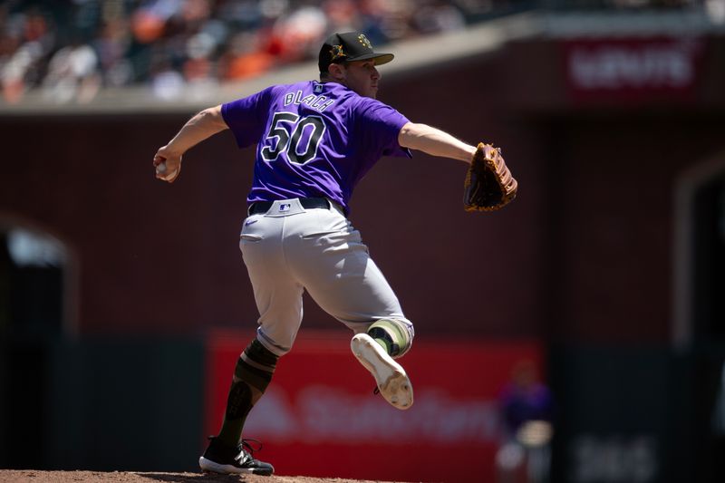 May 18, 2024; San Francisco, California, USA; Colorado Rockies starting pitcher Ty Blach (50) delivers a pitch against the San Francisco Giants during the second inning at Oracle Park. Mandatory Credit: D. Ross Cameron-USA TODAY Sports