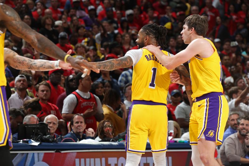 NEW ORLEANS, LA - APRIL 16: D'Angelo Russell #1 of the Los Angeles Lakers celebrates during the game against the New Orleans Pelicans during the 2024 SoFi Play-In Tournament on April 16, 2024 at the Smoothie King Center in New Orleans, Louisiana. NOTE TO USER: User expressly acknowledges and agrees that, by downloading and or using this Photograph, user is consenting to the terms and conditions of the Getty Images License Agreement. Mandatory Copyright Notice: Copyright 2024 NBAE (Photo by Layne Murdoch Jr./NBAE via Getty Images)