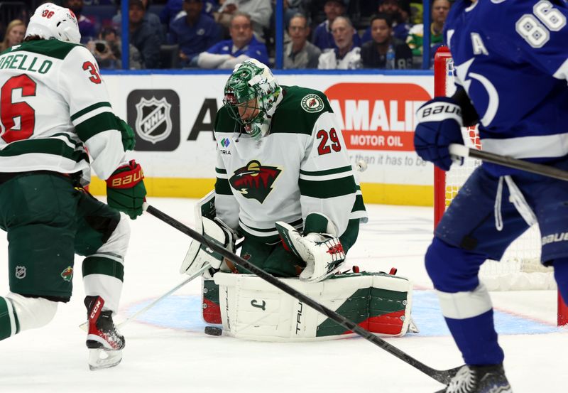 Oct 24, 2024; Tampa, Florida, USA; Minnesota Wild goaltender Marc-Andre Fleury (29) makes a save against the Tampa Bay Lightning during the first period at Amalie Arena. Mandatory Credit: Kim Klement Neitzel-Imagn Images