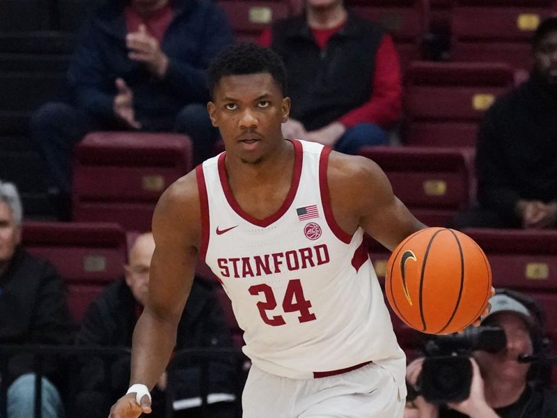 Feb 25, 2026; Stanford, California, USA;  Stanford Cardinal forward Jaylen Thompson (24) dribbles upcourt against the Pittsburgh Panthers in the first half at Maples Pavilion. Mandatory Credit: David Gonzales-Imagn Images