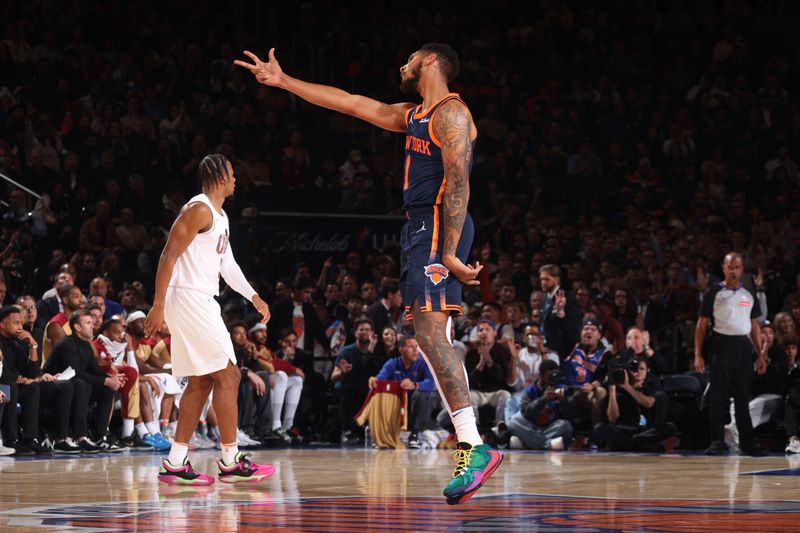 NEW YORK, NY - OCTOBER 28: Cameron Payne #1 of the New York Knicks celebrates during the game against the Cleveland Cavaliers on October 28, 2024 at Madison Square Garden in New York City, New York.  NOTE TO USER: User expressly acknowledges and agrees that, by downloading and or using this photograph, User is consenting to the terms and conditions of the Getty Images License Agreement. Mandatory Copyright Notice: Copyright 2024 NBAE  (Photo by Nathaniel S. Butler/NBAE via Getty Images)