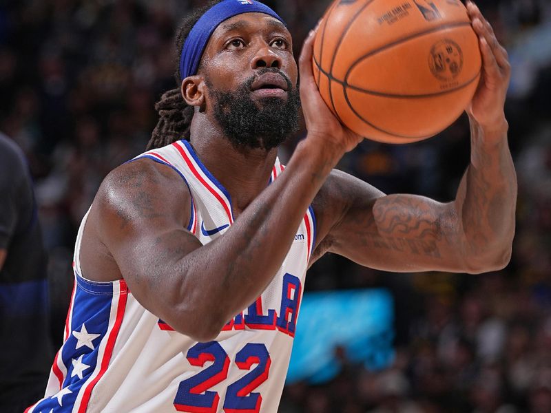 DENVER, CO - JANUARY 27: Patrick Beverley #22 of the Philadelphia 76ers shoots a free throw during the game against the Denver Nuggets on January 27, 2024 at the Ball Arena in Denver, Colorado. NOTE TO USER: User expressly acknowledges and agrees that, by downloading and/or using this Photograph, user is consenting to the terms and conditions of the Getty Images License Agreement. Mandatory Copyright Notice: Copyright 2024 NBAE (Photo by Bart Young/NBAE via Getty Images)