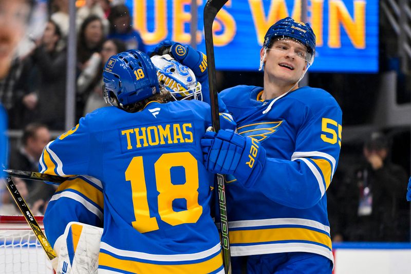 Nov 11, 2025; St. Louis, Missouri, USA; St. Louis Blues goaltender Jordan Binnington (50) center Robert Thomas (18) and defenseman Colton Parayko (55) celebrate after the Blues defeated the Calgary Flames at Enterprise Center. Mandatory Credit: Jeff Curry-Imagn Images