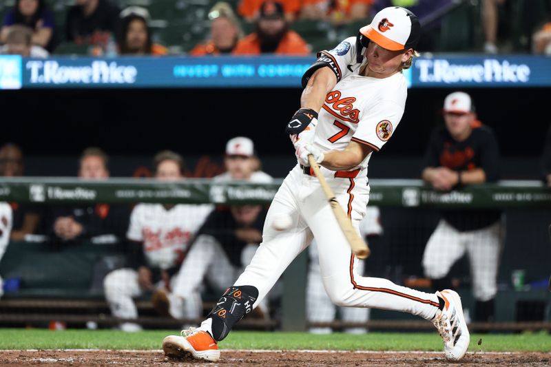 Apr 29, 2025; Baltimore, Maryland, USA; Baltimore Orioles second baseman Jackson Holliday (7) hits a single during the ninth inning against the New York Yankees at Oriole Park at Camden Yards. Mandatory Credit: Daniel Kucin Jr.-Imagn Images