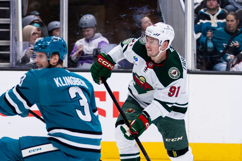 Dec 31, 2025; San Jose, California, USA;  Minnesota Wild right wing Vladimir Tarasenko (91) shoots and scores against the San Jose Sharks during the first period at SAP Center at San Jose. Mandatory Credit: John Hefti-Imagn Images