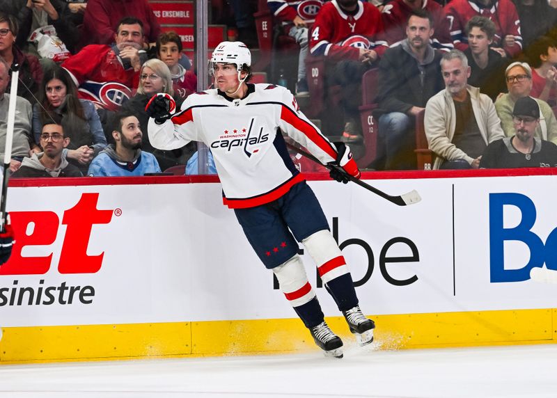 Oct 21, 2023; Montreal, Quebec, CAN; Washington Capitals center Dylan Strome (17) reacts after scoring his first goal of the game against the Montreal Canadiens during the third period at Bell Centre. Mandatory Credit: David Kirouac-USA TODAY Sports