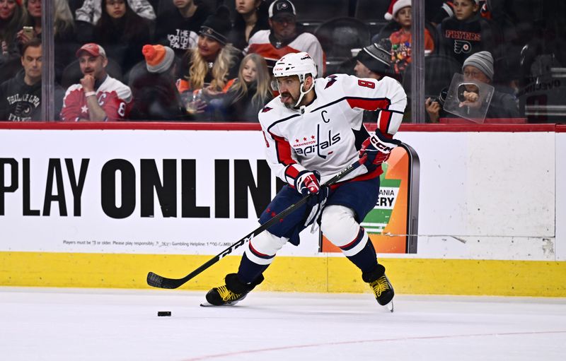 Dec 14, 2023; Philadelphia, Pennsylvania, USA; Washington Capitals left wing Alex Ovechkin (8) controls the puck against the Philadelphia Flyers in the first period at Wells Fargo Center. Mandatory Credit: Kyle Ross-USA TODAY Sports