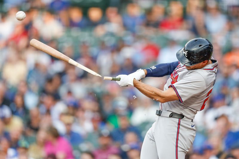 May 21, 2024; Chicago, Illinois, USA; Atlanta Braves first baseman Matt Olson (28) breaks his bat as he bats against the Chicago Cubs during the first inning at Wrigley Field. Mandatory Credit: Kamil Krzaczynski-USA TODAY Sports