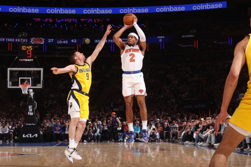 NEW YORK, NY - MAY 19: Miles McBride #2 of the New York Knicks shoots a three point basket during the game  against the Indiana Pacers during Round 2 Game 7 of the 2024 NBA Playoffs on May 19, 2024 at Madison Square Garden in New York City, New York.  NOTE TO USER: User expressly acknowledges and agrees that, by downloading and or using this photograph, User is consenting to the terms and conditions of the Getty Images License Agreement. Mandatory Copyright Notice: Copyright 2024 NBAE  (Photo by Nathaniel S. Butler/NBAE via Getty Images)