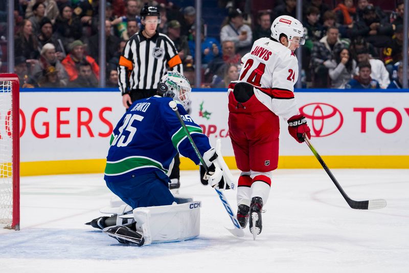 Dec 9, 2023; Vancouver, British Columbia, CAN; Carolina Hurricanes forward Seth Jarvis (24) redirects a shot on Vancouver Canucks goalie Thatcher Demko (35) in the second period at Rogers Arena. Mandatory Credit: Bob Frid-USA TODAY Sports