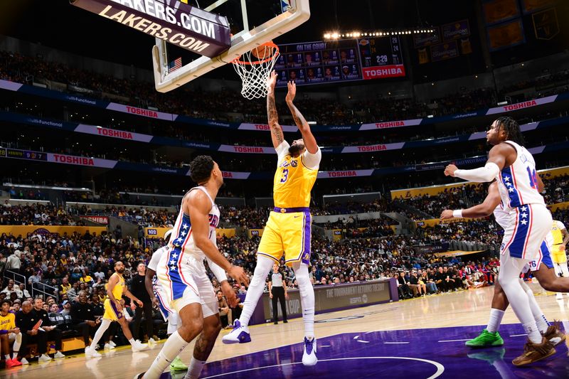 LOS ANGELES, CA - NOVEMBER 8: Anthony Davis #3 of the Los Angeles Lakers shoots the ball during the game against the Philadelphia 76ers on Novemberr 8, 2024 at Crypto.Com Arena in Los Angeles, California. NOTE TO USER: User expressly acknowledges and agrees that, by downloading and/or using this Photograph, user is consenting to the terms and conditions of the Getty Images License Agreement. Mandatory Copyright Notice: Copyright 2024 NBAE (Photo by Adam Pantozzi/NBAE via Getty Images)