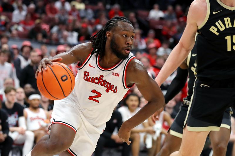 Feb 18, 2024; Columbus, Ohio, USA;  Ohio State Buckeyes guard Bruce Thornton (2) looks to score during the second half against the Purdue Boilermakers at Value City Arena. Mandatory Credit: Joseph Maiorana-USA TODAY Sports