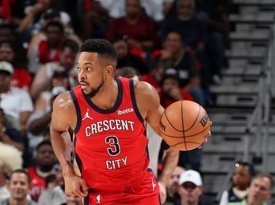 NEW ORLEANS, LA - OCTOBER 28: CJ McCollum #3 of the New Orleans Pelicans dribbles the ball during the game against the New York Knicks on October 28, 2023 at the Smoothie King Center in New Orleans, Louisiana. NOTE TO USER: User expressly acknowledges and agrees that, by downloading and or using this Photograph, user is consenting to the terms and conditions of the Getty Images License Agreement. Mandatory Copyright Notice: Copyright 2023 NBAE (Photo by Layne Murdoch Jr./NBAE via Getty Images)