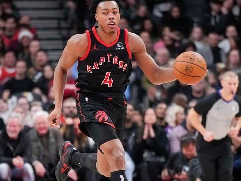 TORONTO, ON - DECEMBER 23: Scottie Barnes #4 of the Toronto Raptors dribbles against the Utah Jazz during the first half of their basketball game at the Scotiabank Arena on December 23, 2023 in Toronto, Ontario, Canada. NOTE TO USER: User expressly acknowledges and agrees that, by downloading and/or using this Photograph, user is consenting to the terms and conditions of the Getty Images License Agreement. (Photo by Mark Blinch/Getty Images)