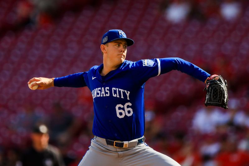 Aug 18, 2024; Cincinnati, Ohio, USA; Kansas City Royals relief pitcher James McArthur (66) pitches against the Cincinnati Reds in the ninth inning at Great American Ball Park. Mandatory Credit: Katie Stratman-USA TODAY Sports