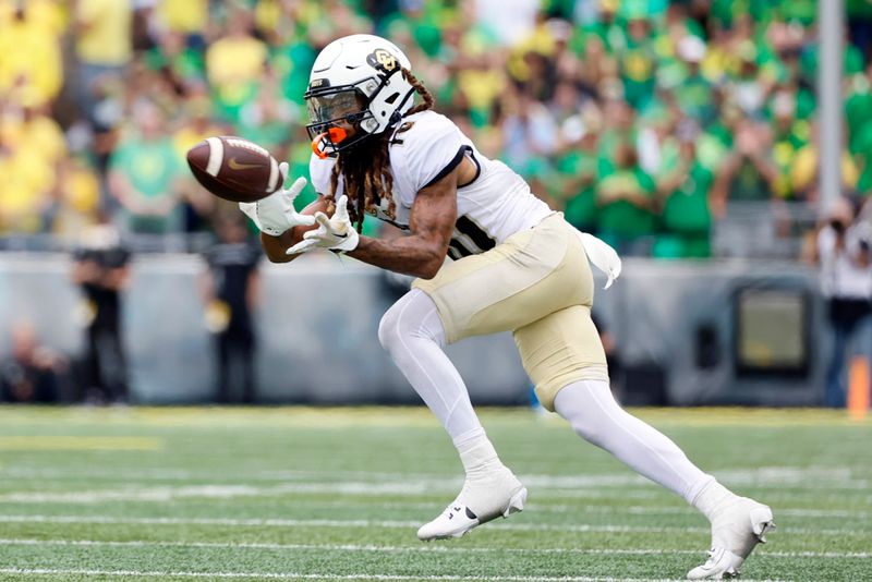 Sep 23, 2023; Eugene, Oregon, USA; Colorado Buffaloes wide receiver Xavier Weaver (10) makes a catch during the second half against the Oregon Ducks at Autzen Stadium. Mandatory Credit: Soobum Im-USA TODAY Sports