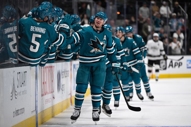 Oct 29, 2024; San Jose, California, USA; San Jose Sharks center Tyler Toffoli (73) celebrates his goal against the Los Angeles Kings in the third period at SAP Center at San Jose. Mandatory Credit: Eakin Howard-Imagn Images