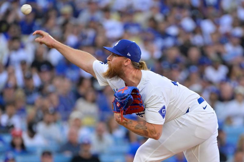 Oct 20, 2024; Los Angeles, California, USA; Los Angeles Dodgers pitcher Michael Kopech (45) pitches in the first inning against the New York Mets during game six of the NLCS for the 2024 MLB playoffs at Dodger Stadium. Mandatory Credit: Jayne Kamin-Oncea-Imagn Images