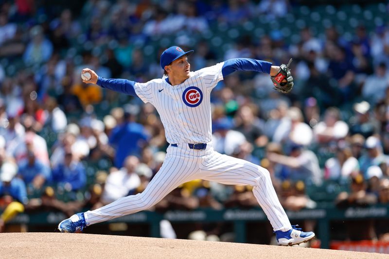 May 8, 2024; Chicago, Illinois, USA; Chicago Cubs starting pitcher Hayden Wesneski (19) delivers a pitch against the San Diego Padres during the first inning at Wrigley Field. Mandatory Credit: Kamil Krzaczynski-USA TODAY Sports