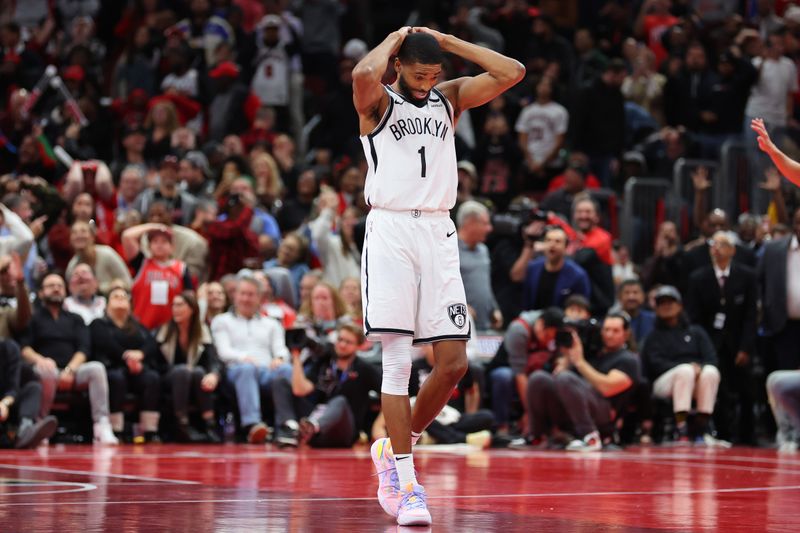 CHICAGO, ILLINOIS - NOVEMBER 03: Mikal Bridges #1 of the Brooklyn Nets reacts after defeating the Chicago Bulls in the NBA In-Season Tournament at the United Center on November 03, 2023 in Chicago, Illinois. NOTE TO USER: User expressly acknowledges and agrees that, by downloading and or using this photograph, User is consenting to the terms and conditions of the Getty Images License Agreement. (Photo by Michael Reaves/Getty Images)