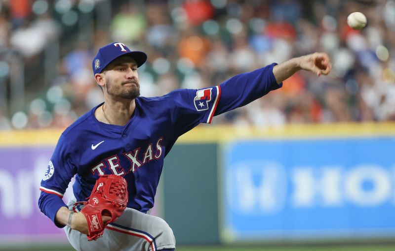 Apr 13, 2024; Houston, Texas, USA;  Texas Rangers pitcher Andrew Heaney (44) pitches against the Houston Astros in the first inning at Minute Maid Park. Mandatory Credit: Thomas Shea-USA TODAY Sports