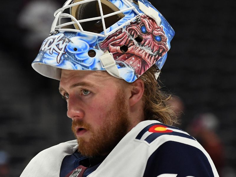 Jan 31, 2025; Denver, Colorado, USA; Colorado Avalanche goaltender Mackenzie Blackwood (39) skates during warmups before the game against the St. Louis Blues at Ball Arena. Mandatory Credit: Christopher Hanewinckel-Imagn Images