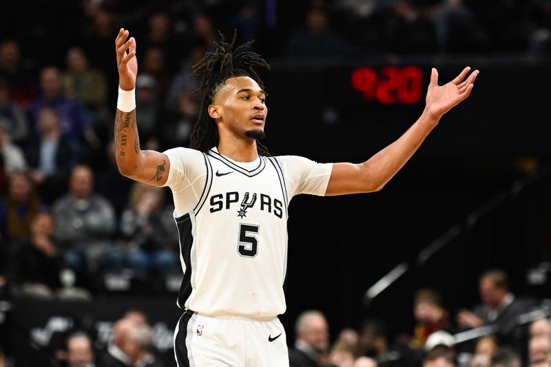 SALT LAKE CITY, UTAH - OCTOBER 31: Stephon Castle #5 of the San Antonio Spurs celebrates a basket during the second half of a game against the Utah Jazz at Delta Center on October 31, 2024 in Salt Lake City, Utah. NOTE TO USER: User expressly acknowledges and agrees that, by downloading and or using this photograph, User is consenting to the terms and conditions of the Getty Images License Agreement. (Photo by Alex Goodlett/Getty Images)