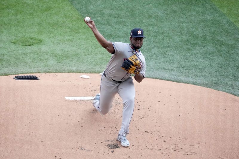 Apr 27, 2024; Mexico City, Mexico; Houston Astros pitcher Ronel Blanco (56) throws in the first inning against the Colorado Rockies during the MLB World Tour Mexico Series game at Estadio Alfredo Harp Helu. Mandatory Credit: Kirby Lee-USA TODAY Sports