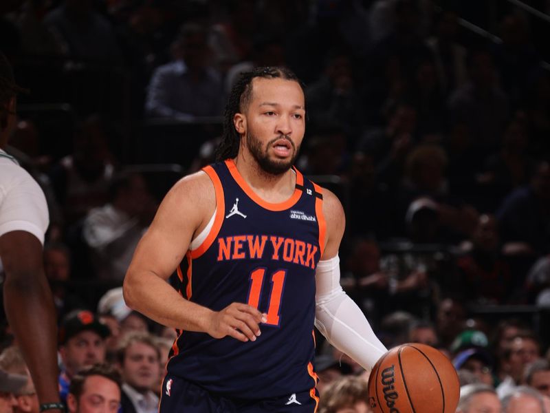 NEW YORK, NY - MAY 12:  Jalen Brunson #11 of the New York Knicks dribbles the ball during the game against the Boston Celtics during Round 2 Game 4 of the 2025 NBA Playoffs on May 12, 2025 at Madison Square Garden in New York City, New York.  NOTE TO USER: User expressly acknowledges and agrees that, by downloading and or using this photograph, User is consenting to the terms and conditions of the Getty Images License Agreement. Mandatory Copyright Notice: Copyright 2025 NBAE  (Photo by Nathaniel S. Butler/NBAE via Getty Images)