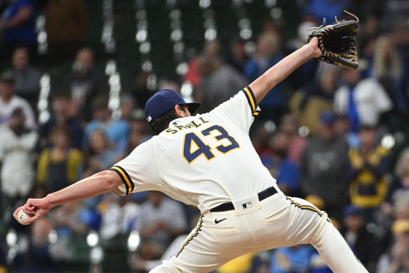 Sep 28, 2023; Milwaukee, Wisconsin, USA; Milwaukee Brewers relief pitcher Ethan Small (43) delivers a pitch against the St. Louis Cardinals in the ninth inning at American Family Field. Mandatory Credit: Michael McLoone-USA TODAY Sports