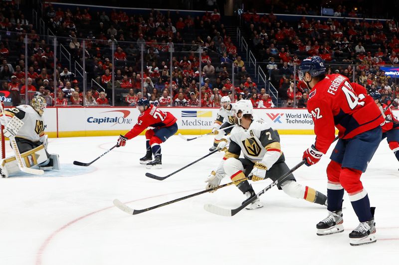 Oct 15, 2024; Washington, District of Columbia, USA; Washington Capitals right wing Brandon Duhaime (22) shoots the puck on Vegas Golden Knights goaltender Adin Hill (33) in the third period at Capital One Arena. Mandatory Credit: Geoff Burke-Imagn Images