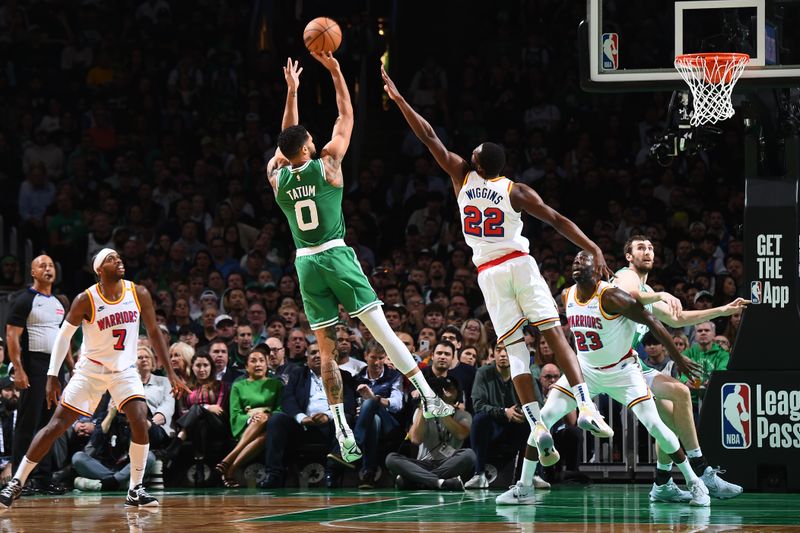 BOSTON, MA - NOVEMBER 6: Jayson Tatum #0 of the Boston Celtics shoots the ball during the game against the Golden State Warriors  on November 6, 2024 at TD Garden in Boston, Massachusetts. NOTE TO USER: User expressly acknowledges and agrees that, by downloading and/or using this Photograph, user is consenting to the terms and conditions of the Getty Images License Agreement. Mandatory Copyright Notice: Copyright 2024 NBAE (Photo by Brian Babineau/NBAE via Getty Images)