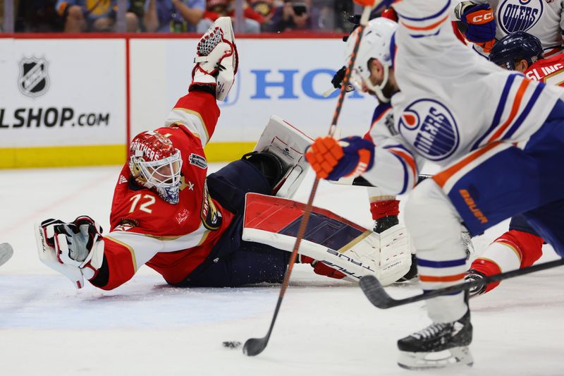 Jun 24, 2024; Sunrise, Florida, USA; Florida Panthers goaltender Sergei Bobrovsky (72) defend against Edmonton Oilers during the third period in game seven of the 2024 Stanley Cup Final at Amerant Bank Arena. Mandatory Credit: Sam Navarro-USA TODAY Sports