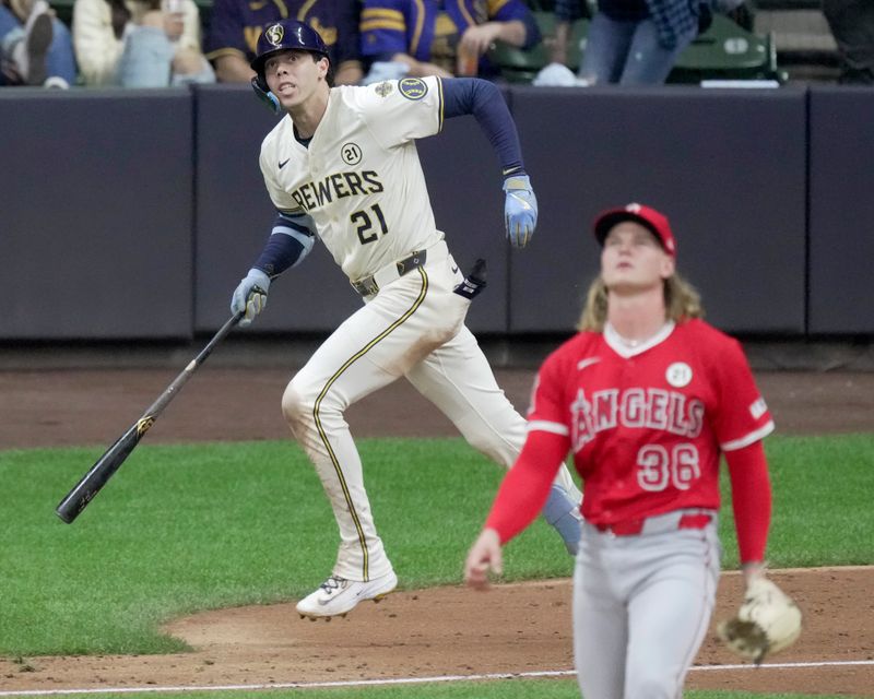 Sep 16, 2025; Milwaukee, Wisconsin, USA; Milwaukee Brewers outfielder Christian Yelich hits a two-run home run off of Los Angeles Angels pitcher Caden Dana (36) during the fourth inning of their game at American Family Field. Mandatory Credit: Mark Hoffman/USAToday Sports Network via Imagn Images