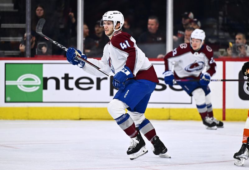 Jan 20, 2024; Philadelphia, Pennsylvania, USA; Colorado Avalanche right wing Jason Polin (41) in action against the Philadelphia Flyers in the first period at Wells Fargo Center. Mandatory Credit: Kyle Ross-USA TODAY Sports