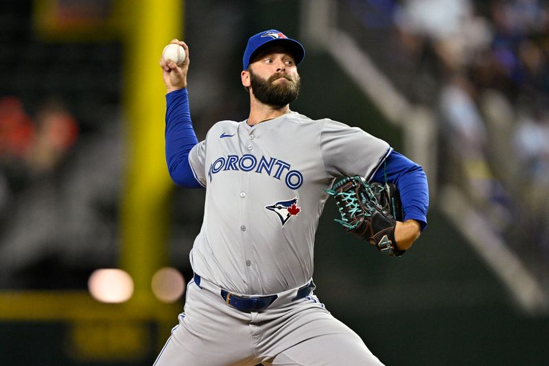 Sep 17, 2024; Arlington, Texas, USA; Toronto Blue Jays relief pitcher Tommy Nance (45) pitches against the Texas Rangers during the sixth inning at Globe Life Field. Mandatory Credit: Jerome Miron-Imagn Images