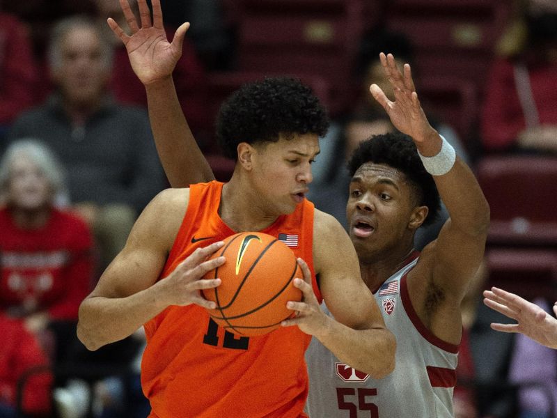 Jan 19, 2023; Stanford, California, USA; Stanford Cardinal forward Harrison Ingram (55) harasses Oregon State Beavers forward Michael Rataj (12) during the first half at Maples Pavilion. Mandatory Credit: D. Ross Cameron-USA TODAY Sports