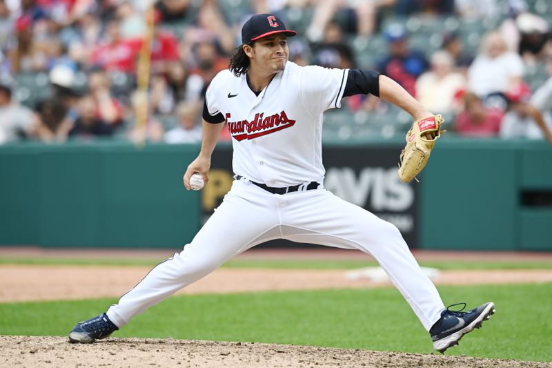 Jun 22, 2023; Cleveland, Ohio, USA; Cleveland Guardians relief pitcher Eli Morgan (49) throws a pitch during the ninth inning against the Oakland Athletics at Progressive Field. Mandatory Credit: Ken Blaze-USA TODAY Sports