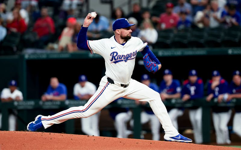 Apr 30, 2025; Arlington, Texas, USA;  Texas Rangers starting pitcher Nathan Eovaldi (17) throws during the first inning against the Oakland Athletics at Globe Life Field. Mandatory Credit: Kevin Jairaj-Imagn Images