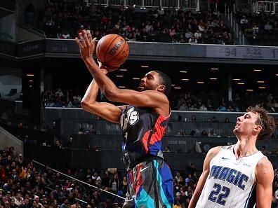 BROOKLYN, NY - DECEMBER 2: Mikal Bridges #1 of the Brooklyn Nets shoots the ball during the game against the Orlando Magic on December 2, 2023 at Barclays Center in Brooklyn, New York. NOTE TO USER: User expressly acknowledges and agrees that, by downloading and or using this Photograph, user is consenting to the terms and conditions of the Getty Images License Agreement. Mandatory Copyright Notice: Copyright 2023 NBAE (Photo by David L. Nemec/NBAE via Getty Images)