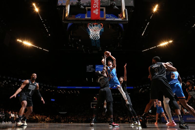 BROOKLYN, NY - JANUARY 5: Chet Holmgren #7 of the Oklahoma City Thunder goes to the basket during the game on January 5, 2024 at Barclays Center in Brooklyn, New York. NOTE TO USER: User expressly acknowledges and agrees that, by downloading and or using this Photograph, user is consenting to the terms and conditions of the Getty Images License Agreement. Mandatory Copyright Notice: Copyright 2024 NBAE (Photo by Nathaniel S. Butler/NBAE via Getty Images)